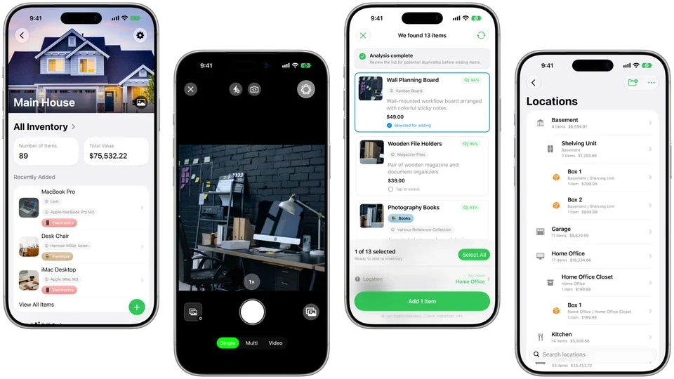 MovingBox dashboard, camera, item recognition, and locations shown in four iPhones