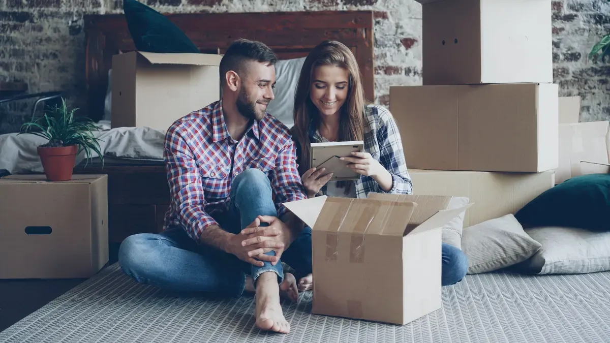 Two people unpack a framed photograph while sitting among moving boxes.