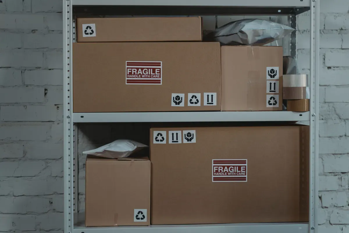 Labeled cardboard boxes are arranged on metal storage shelves.