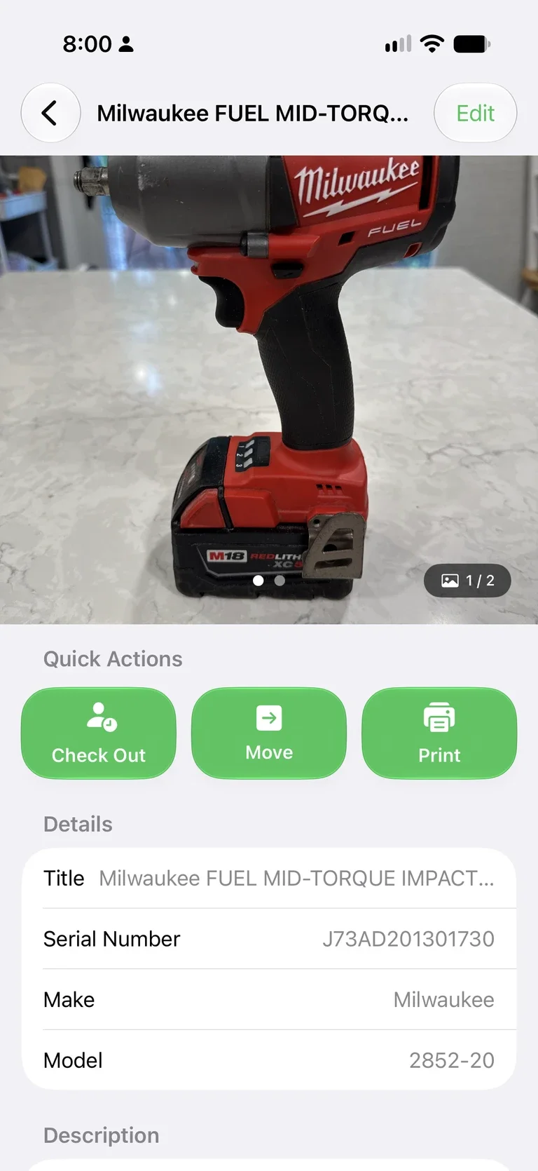 MovingBox item record for the impact wrench with the Check Out, Move, and Print quick actions
