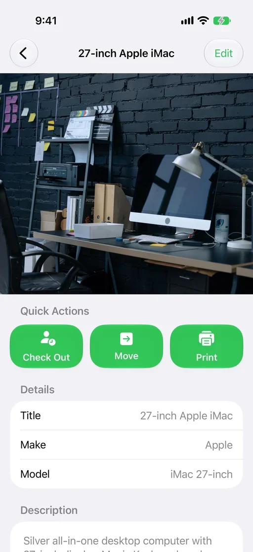 Saved MovingBox item record for a 27-inch Apple iMac with Check Out, Move, and Print quick actions
