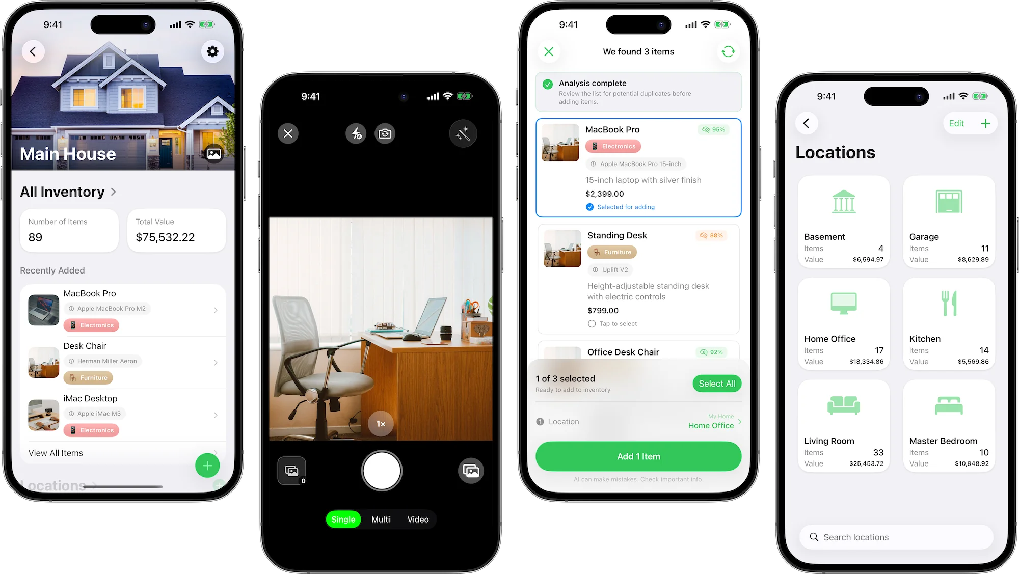MovingBox 2026.1.0 app screens showing video analysis, multiple homes, and locations