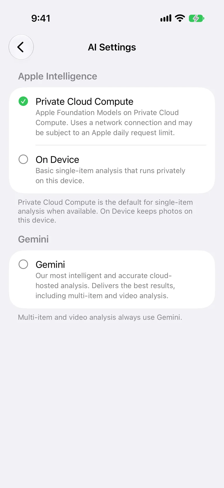 MovingBox AI Settings with Private Cloud Compute selected and On Device and Gemini options